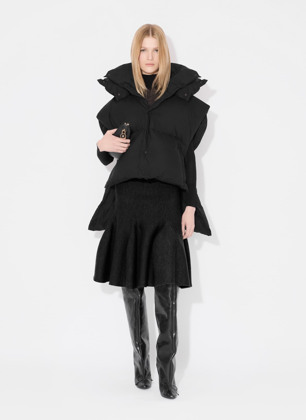 MIDI SKIRT IN SCULPTURAL GODET KNIT ALAÏA BLACK MIDI SKIRT IN SCULPTURAL GODET KNIT